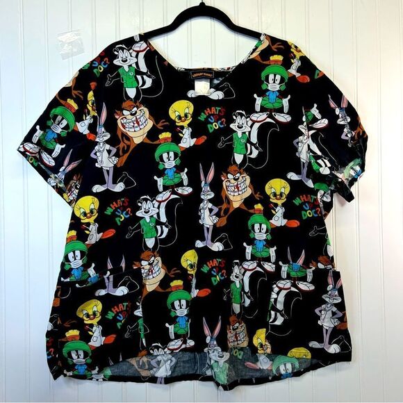 Women’s Looney Tunes Scrub Top What’s Up Doc? Taz Bugs Bunny Tweety Bird Sz 3xl - Picture 1 of 16